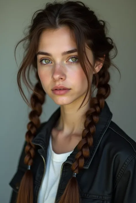 White girl with honey-green eyes with brown braids with masculine style