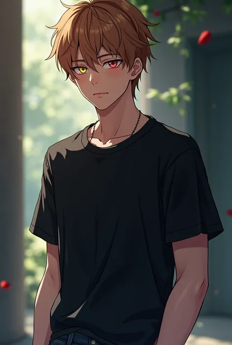 Very handsome college student, 20 years old, 1st grade, handsome, very very light brownish orangish hair, black t-shirt with jeans, anime, closed eyes, introverted, odd eyed (one light yellow, the other dark red), masculine