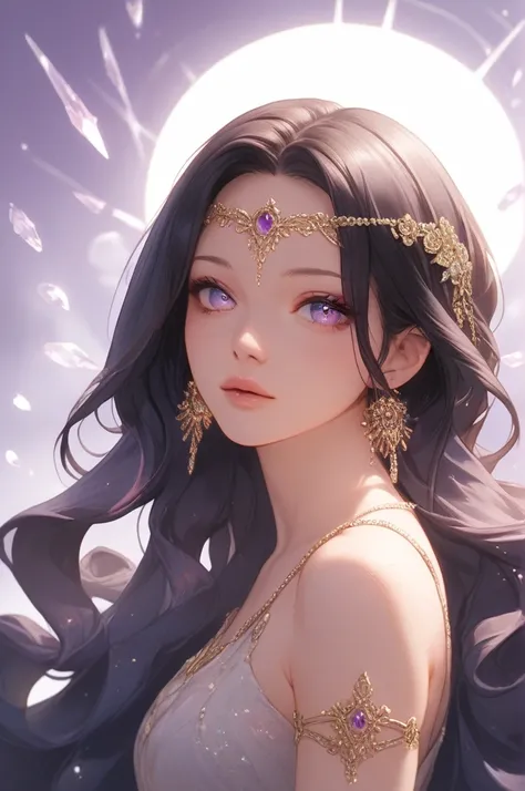  Anime style drawing;  She would have a beautiful and delicate face ,  with fine and elegant features .  Her hair would be jet black , bright and silky,  possibly long and wavy .  Her eyes would be of an intense violet color , almost mesmerizing ,  that wo...