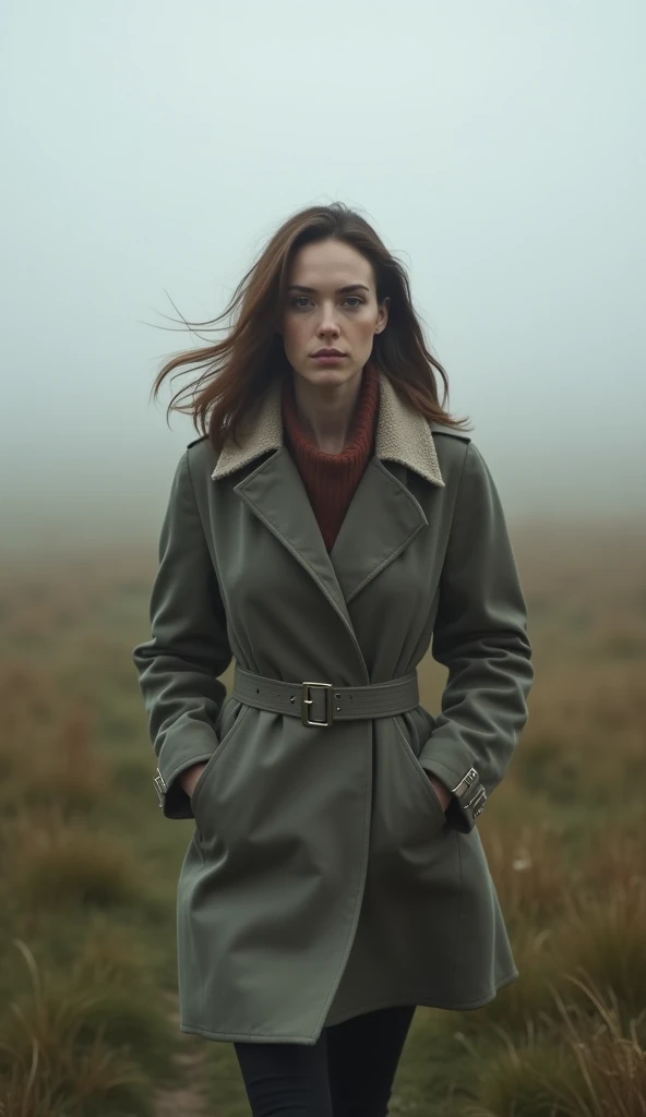 A 35-year-old woman in a belted jacket, walking through a foggy meadow.