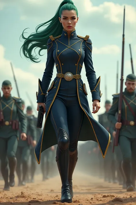  Lira Sky appears marching ahead of her troops in slow motion ,  carrying a stylized and confident pistol .

Description:  Lira has long green hair tied in a high ponytail .  She wears a feminine military uniform stylized with shades of navy blue and gold,...