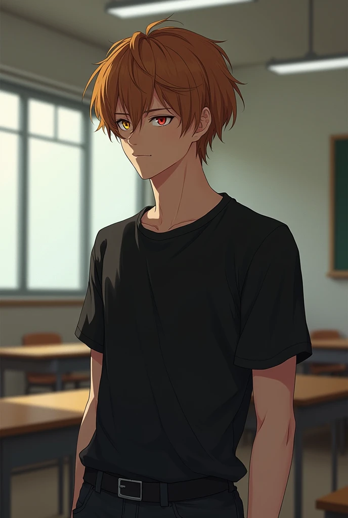 Very handsome college student, 20 years old, 1st grade, handsome, very very light brownish orangish hair, black t-shirt with jeans, anime, closed eyes, introverted, thin odd eyed (one light yellow, the other dark red), masculine