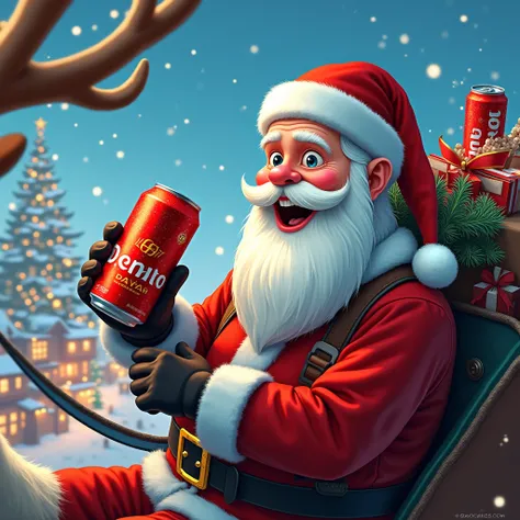 santa claus holds a can of red energy drink in his hand as he sits in a Reindeer harness over Christmas town