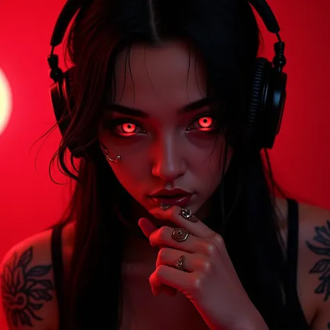 Boy,  long black hair,  High definition,  looking at the viewer , biting his lip,  Red eyes, earrings,  backlight ,  lens glare , masterpiece, Accurate,  top quality ,  Anatomically correct ,  headphones,  gothic sexy succubus,  tattoo ,  ear and nose pier...