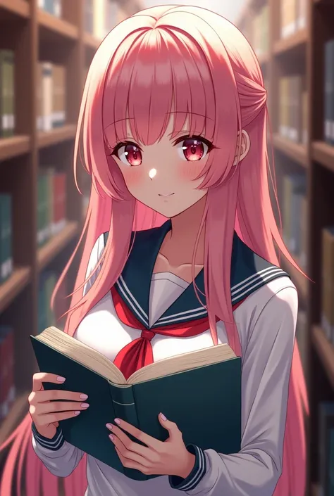 Chica anime  High resolution,  long hair , breasts, smile,  High resolution, HD model,  depth of field ,  cinematic lighting , 8k octane.  Photographic portrait ,  Japanese illustration style ,  pink hair and red eyes sexy body wearing school uniform in li...