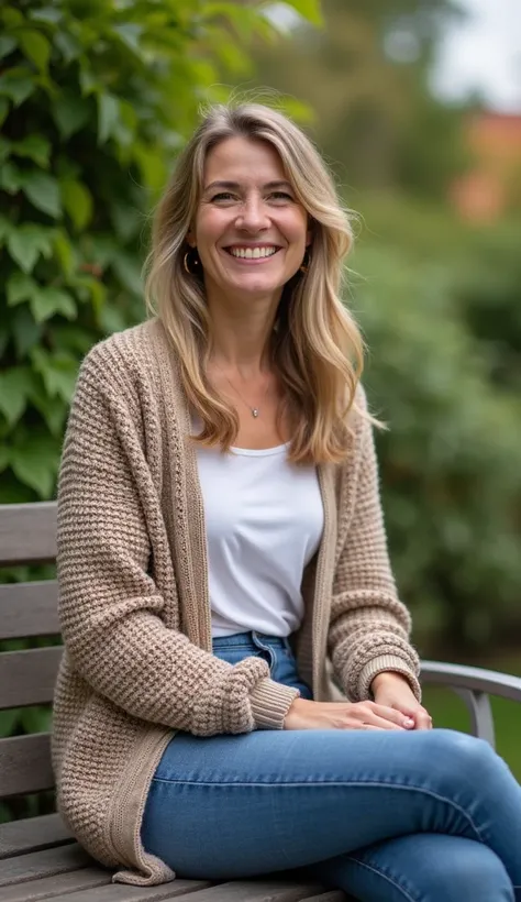 A 36-year-old woman in a wool cardigan, sitting on a garden bench.