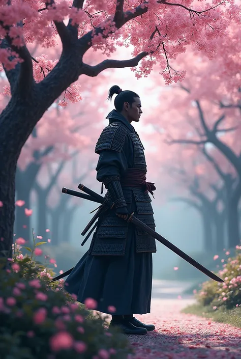 a samurai with katana under the sakura tree