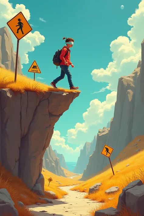  A blindfolded person walking to the edge of a cliff , In a sunny setting,  but with signs of danger surrounding  ( such as caution or danger signs ).  The person seems carefree or confident , without realizing the risk ahead .  realistic style,  with vibr...