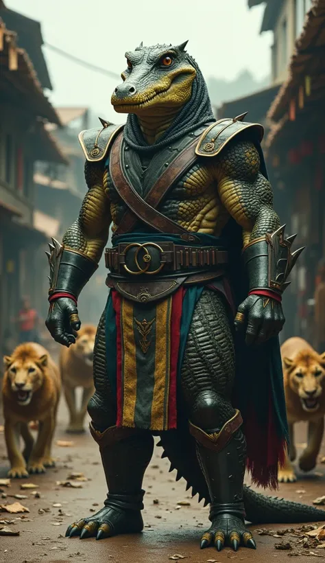 Cinematic Portrait of a Brave Crocodile Soldier in Mortal Kombat Dress standing bravely ready alone to face the siege of a pack of wild lions on the market street of a village, the road has become ruins, in a dirty Indonesian market in Jakarta