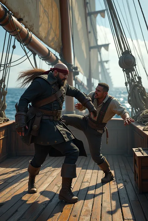 A bald pirate kicks a person on board a ship, a wide ship