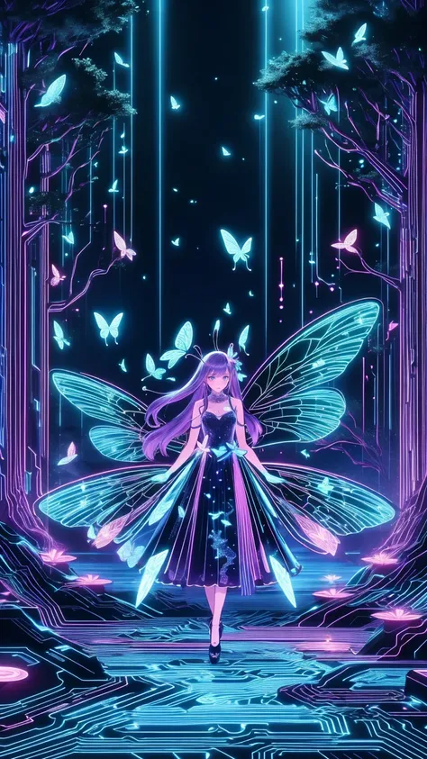   Masterpiece  ,  concept art, ( very detailed),  fairy butterfly 1 girl , Butterfly Wings, cute,  elegant ,  flowing purple hair , Magical Dress, Magnum opta fly :1.5) Flying around her, Mysterious Forest,  wrapped in dreamy moonlight , tranquility, ( wat...