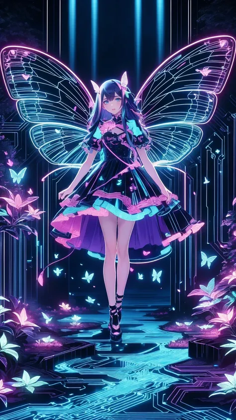   Masterpiece  ,  concept art, ( very detailed),  fairy butterfly 1 girl , Butterfly Wings, cute,  elegant ,  flowing purple hair , Magical Dress, Magnum opta fly :1.5) Flying around her, Mysterious Forest,  wrapped in dreamy moonlight , tranquility, ( wat...