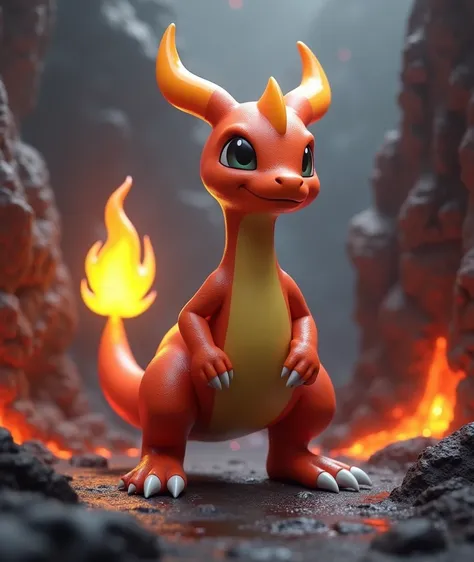 A hyper-realistic 3D render of Charmeleon, a Gen 1 Pokémon, standing confidently and facing forward. Charmeleon has a sleek, reptilian body with vivid red-orange skin, a creamy yellow underbelly, and sharp white claws on its hands and feet. Its head featur...