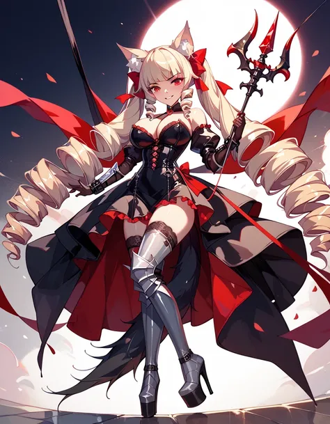  high image quality、 High Quality 、 petite girl、 twin drill、Wolf ears、 Wolfs Tail、Greaves、Platform boots、Villainess、villain、princess、Sharp Eye、Red Eyes、Big Breasts、Mistress、 leather bondage dress、