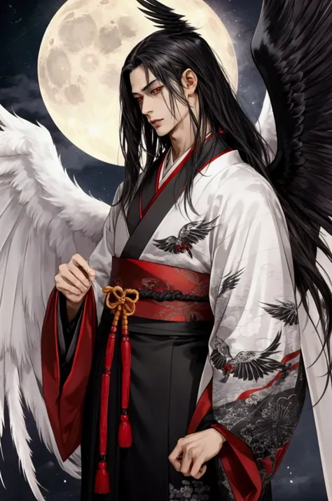 moonlight Japanese semi realistic male, skinny fit body ,Handsome face ,tengu, black slightly messy long hair, open forehead no bangs, evil red eyes , black wings majestic big wings, Japanese clothes