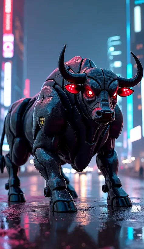 "An image of a hybrid creation that merges a powerful black bull with the sleek design of a Lamborghini Aventador, where the body is crafted to resemble a futuristic robotic bull. The bulls form is robust and muscular, covered in glossy black and metallic ...