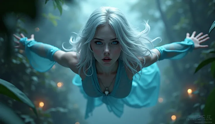 ((masterpiece, highest quality, Highest image quality, High resolution, photorealistic, Raw photo, Extremely detailed CG unified 8k wallpaper)), (A hypnotic sorceress man with silver hair and penetrating blue eyes ,  floating above a mystical ,  otherworld...