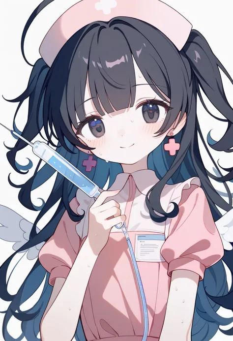  1 girl,black super curly long hair，Bow， black eyes ，Smile，Purple earrings，Lolita， pink nurse suit ，Angel Wings，Nurse hat，The giant needle tube ， blush，sweat，Smile，whole body, Fraction_9,Fraction_8_up,Fraction_7_up,Expressive  ,grade_of,(masterpiece,  is t...
