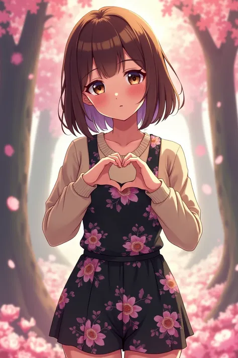 Create an image in anime style (toilet bound hanako/Suzume/fruits basket) based on the following promt: Gender: female Medium height. Long legs. Hair: brown. Style: medium length hush cut Eyes: dark brown doe eyes Pale milky skin Curvy girl, little bit chu...