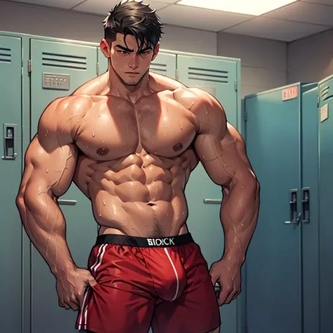 Man, black hair, in boxer underwear, sweaty, muscular, big bulge, in a locker room with a boy in underwear, sweaty, muscular, big bulge