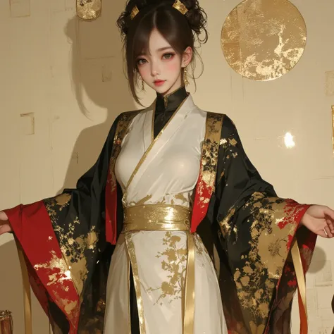 A highly detailed and realistic portrait of an East Asian woman wearing a stunning traditional Japanese-inspired robe. The outfit features a white base layer with a flowing design, layered with an ornate black and gold uchikake robe. The robe is intricatel...