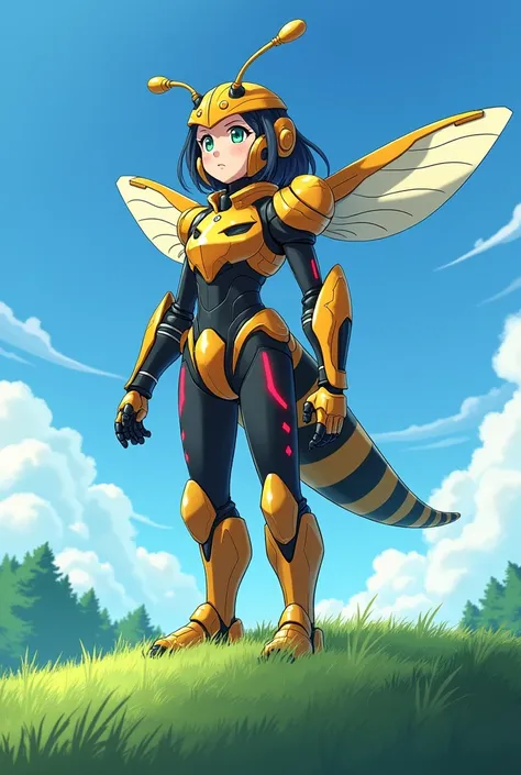 Create a 4K-quality anime-style illustration of a young girl wearing a majestic humanoid hornet queen robot suit. She stands on a grassy hill under a clear blue sky, gazing over the lush forest she protects. The suit is primarily metallic gold, accented wi...