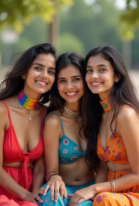 Four Pakistani women, around 18 years of age, wearing colorful .  Seductive smile. Topless, colorful choker. Sitting outdoors. Large breasts.