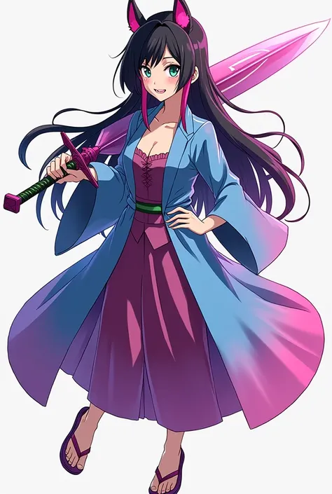 A woman from the anime Demon Slayer Kimetsu no Yaiba she has knee-length hair that is knee-deep black with pink tips she has bangs and a pink heart on the top of her hair she has heterochromy eyes one eye is a gradient of blue and the other is a gradient o...