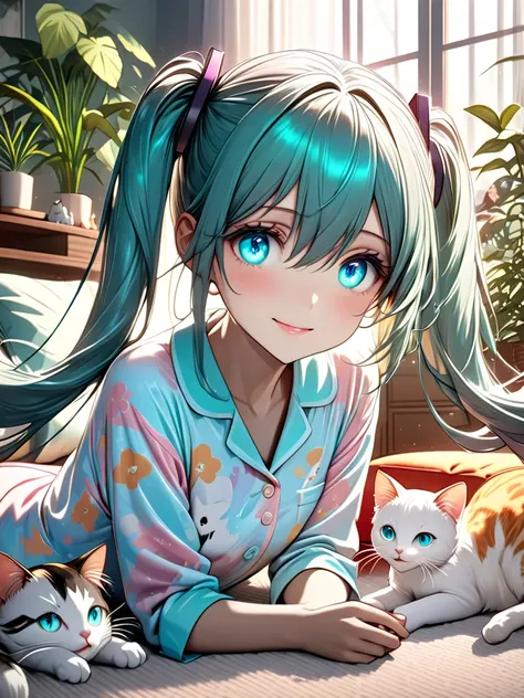 A cozy living room filled with playful cats of various breeds. A cute anime-style girl with long hair, wearing pastel-colored pajamas, is sitting on a soft rug surrounded by the cats. She’s smiling and playing with them, creating a joyful and warm atmosphe...