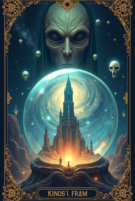 Image A crystal ball on a tarot ,  inside the ball the image of a giant tower floating in outer space with a galaxy background with aliens and star beings floating on top around it. The face of an alien in the background behind the crystal ball , alien, sp...