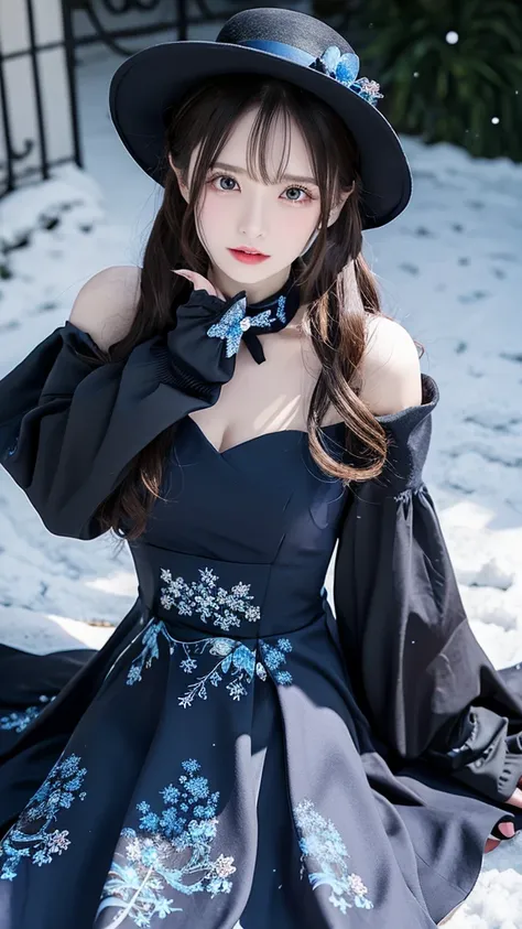      unique  ，     brown hair       ,    pale   ,  Butterfly,    with sapphire eyes     ,  Butterfly装饰 Miss，  black gloves  ， Decorated with dark blue snowflakes and a large     {Ten个}   装饰 Miss，Snowflake decoration，Ice and Snow Impact  ，  top adorned with...