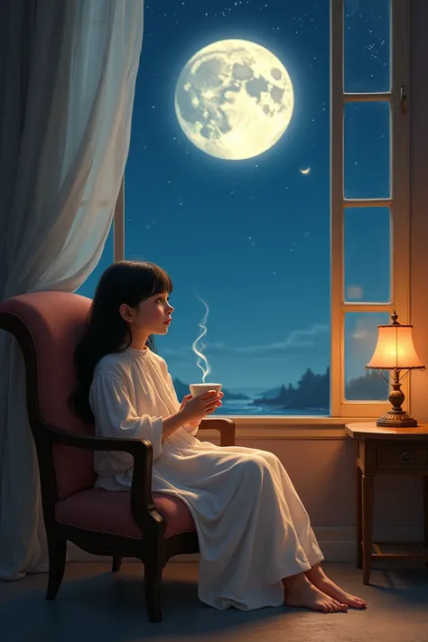 I girl sit in the chair and put it a cup of tea and see the moon 