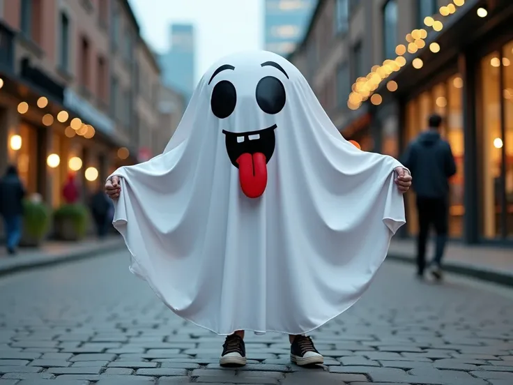 "A  dressed in a playful ghost costume stands on a stone-paved street in an urban area during the evening. The costume is a white sheet with cartoon-like black eyes and a red, open mouth with a tongue sticking out printed on it, giving a fun and lightheart...