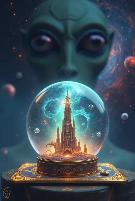 Image A crystal ball on a tarot ,  inside the ball the image of a giant tower floating in outer space with a galaxy background with aliens and star beings floating on top around it. The face of an alien in the background behind the crystal ball , alien, sp...