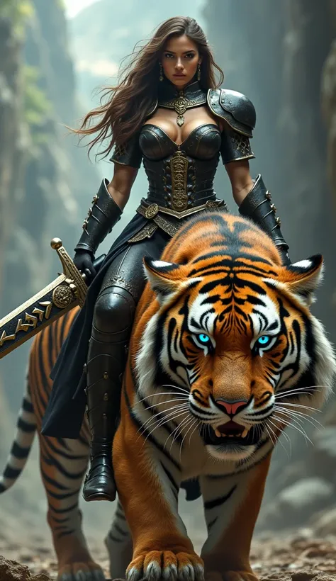 A very beautiful india girls berwajah dewi and gorgeous,brave, and courageous zero figur six-pack abs muscular body and very Big and large round breast young warrior woman with blue eyes in hand golden black large, long and gigantic sword is riding a fierc...