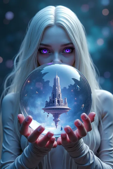 Image A crystal ball on a tarot ,  inside the ball the image of a giant tower floating in outer space with a galaxy background with aliens and star beings floating on top around it. The face of an alien in the background behind the crystal ball ,  he has l...