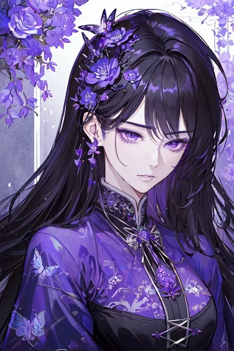 (masterpiece),( very detailed ) ,( Very detailed), ( beautiful face ), ( perfect face ),  long black wavy hair,  purple eyes , mature face,  sexy face, Slender face , Wear aristocratic clothing and ,  romance fantasy, Purple Butterflies, 20s, female, Alone