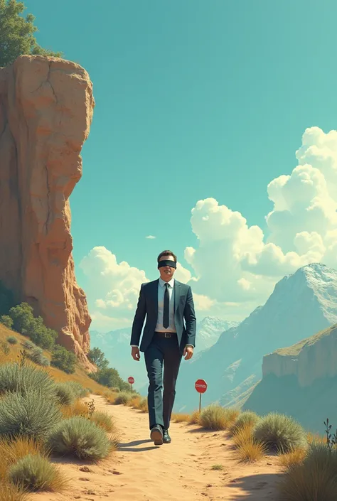  A blindfolded adult corporate character walking to the edge of a cliff, In a sunny setting,  but with signs of danger surrounding  ( such as caution or danger signs ).  The person seems carefree or confident , without realizing the risk ahead .  realistic...