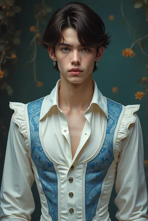 Young man with short, dark brown hair and eyes. Small silver studs pierced onto his ears and wearing a white button up under a white corset vest with blue detailing. In the Arcane artstyle