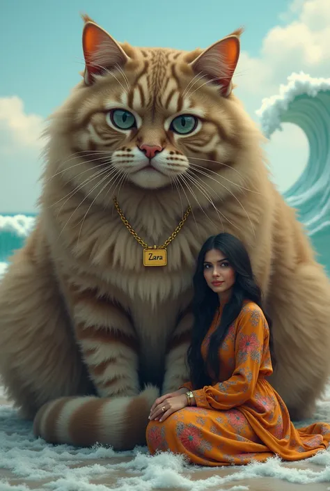 A woman wearing a pakistani shirt has long straight hair there is a wave sitting together while hugging a giant sized cat a cat is much bigger than a female  ,cat maincone blue tabby ,  cat wearing a necklace inscribed with the name zaraa  ,  woman and cat...