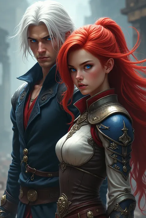 Boy and girl character warrior girl eyes blue hair red mans eyes blue hair while eyes blue hair black 