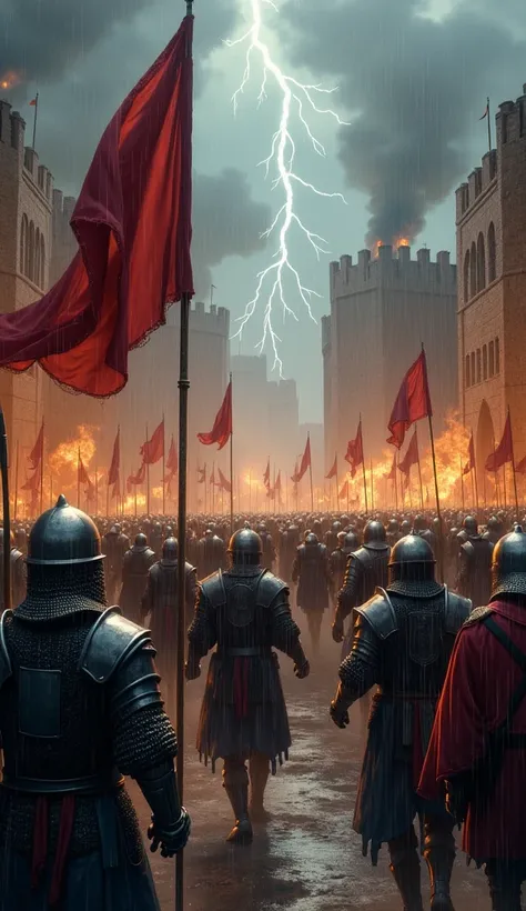 Norman soldiers breach the city walls amidst the storm, raising their banners in victory, while the Byzantines retreat in disarray, the once-defiant city now in flames.