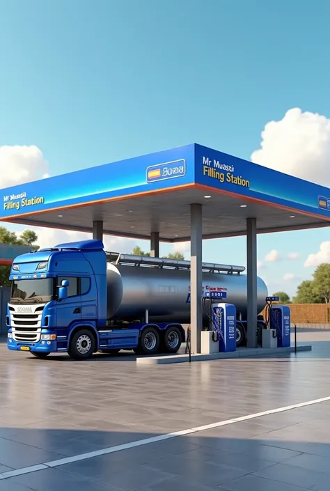 "A realistic fuel station named MR MWASISI FILLING STATION with a 3D blue signboard displaying the name prominently at the top. The station features detailed fuel pumps, a Scania tanker truck with a large fuel tank positioned near the pumps, actively unloa...