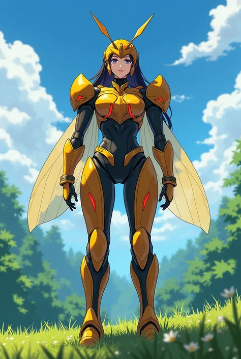 Create a 4K-quality anime-style illustration of a woman wearing a majestic humanoid hornet queen robot suit. She stands on a grassy hill under a clear blue sky, gazing over the lush forest she protects. The suit is primarily metallic gold, accented with bl...