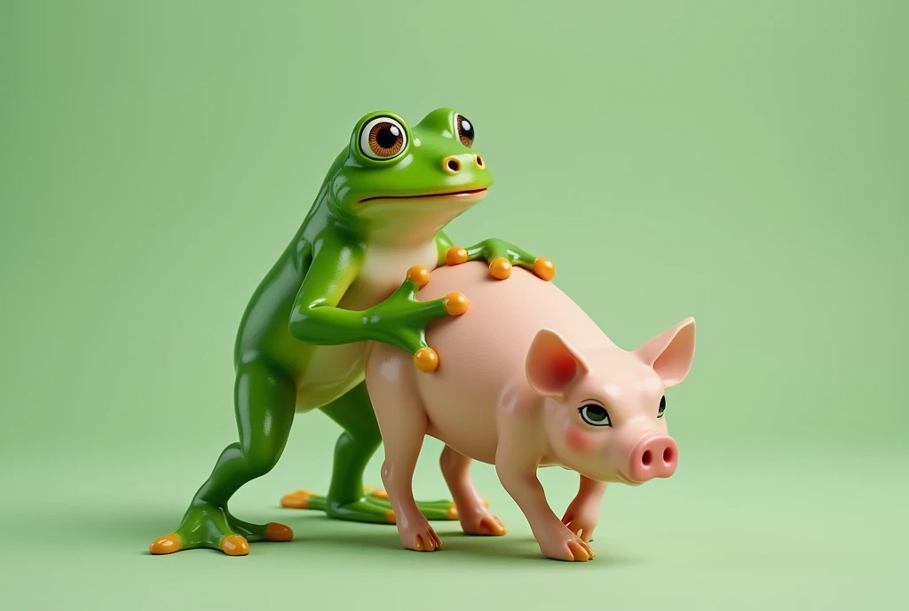 ((masterpiece)) ((photography)) ((Highest quality)) A whimsical and surreal scene featuring a green frog character with two oversized eyes, playfully positioned behind a pink pig character. The frog has a cheeky expression, standing on its hind legs with i...