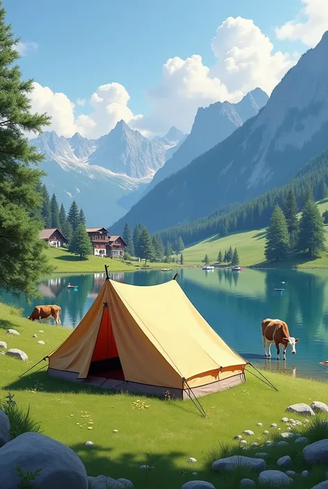 Tent stay in hill at Switzerland view is front nice lake nice homes and cows and boats 