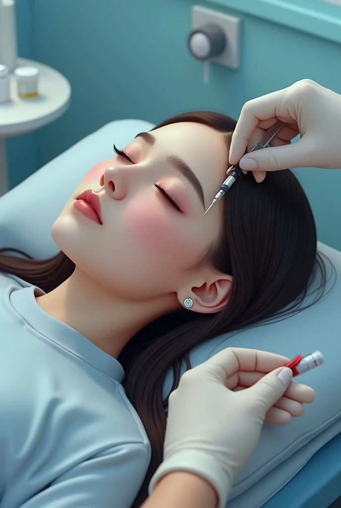 A very pretty teenager getting an injection in her buttock while lying down