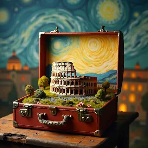 A whimsical composition depicting an open vintage suitcase, filled with a miniature, hyper-realistic landscape of Rome. Inside the suitcase, a detailed representation of the Colosseum. The background features a swirling, golden sky reminiscent of Van Gogh....