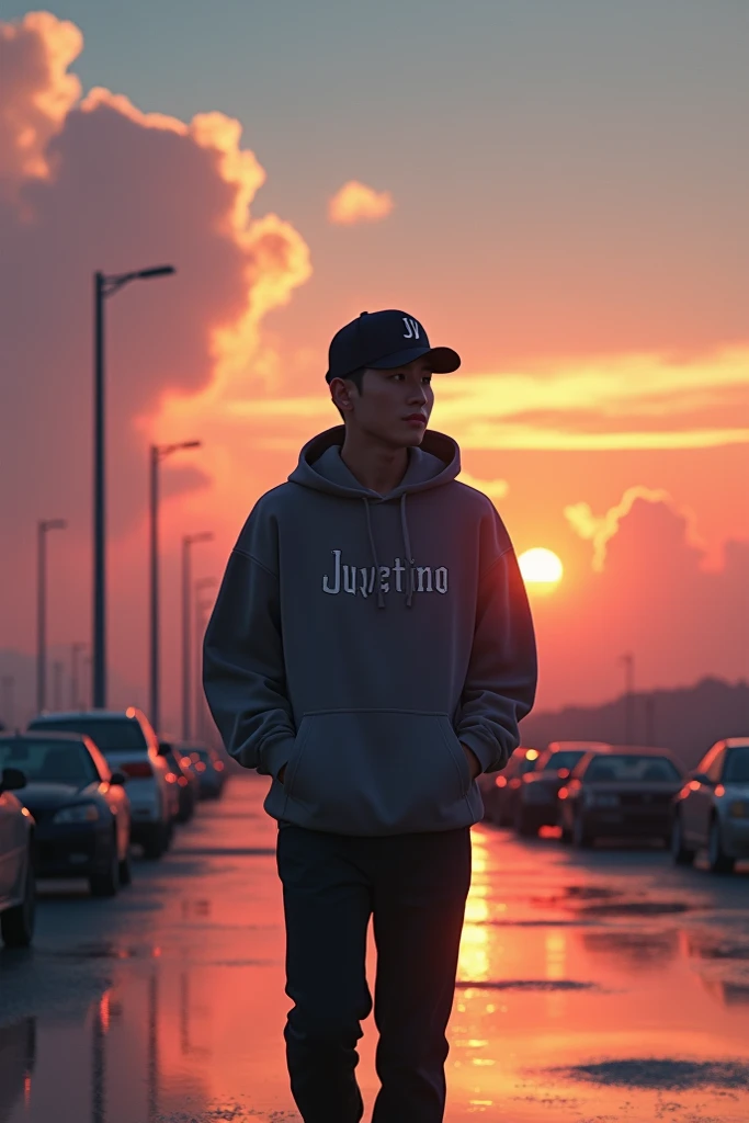 cinematic artwork of a handsome Korean man walking alone, (he looks up:1, wearing a hoodie with the letters "juventino", wearing a sports hat with the JJ logo, smooth face, laughing, hands in pockets, professional image), cinematic atmosphere, semi-realist...