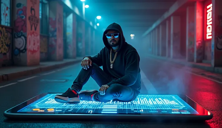 Main Subject:

    A Bangladeshi rap artist sitting confidently on a giant tablet (modern tablet device) as if it’s a throne.
    The rapper’s outfit is street-style: hoodie, chains, sneakers, and sunglasses, reflecting the rap culture.
    His pose is rel...